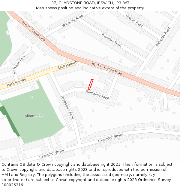 37, GLADSTONE ROAD, IPSWICH, IP3 8AT: Location map and indicative extent of plot