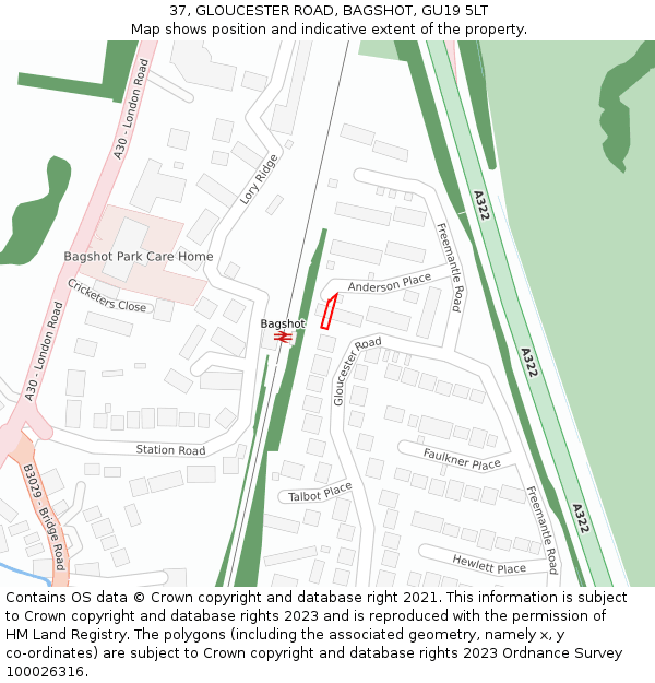37, GLOUCESTER ROAD, BAGSHOT, GU19 5LT: Location map and indicative extent of plot
