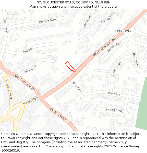 37, GLOUCESTER ROAD, COLEFORD, GL16 8BH: Location map and indicative extent of plot