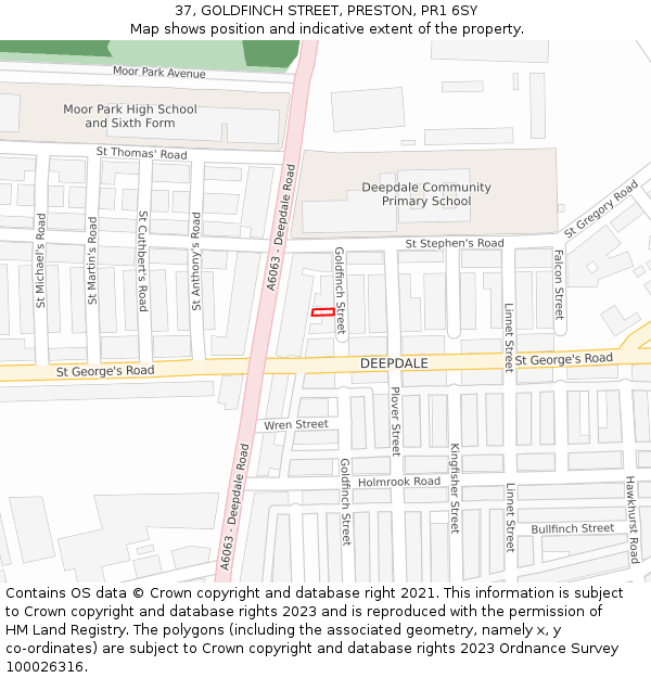 37, GOLDFINCH STREET, PRESTON, PR1 6SY: Location map and indicative extent of plot