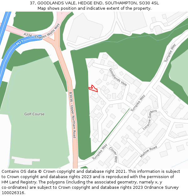 37, GOODLANDS VALE, HEDGE END, SOUTHAMPTON, SO30 4SL: Location map and indicative extent of plot