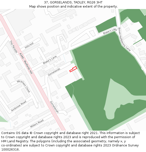 37, GORSELANDS, TADLEY, RG26 3HT: Location map and indicative extent of plot