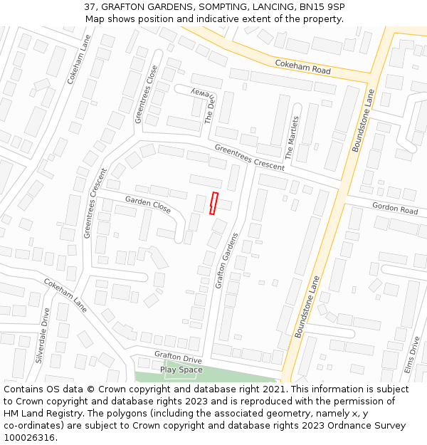 37, GRAFTON GARDENS, SOMPTING, LANCING, BN15 9SP: Location map and indicative extent of plot