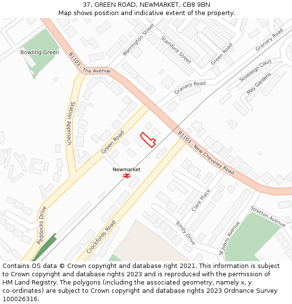 37, GREEN ROAD, NEWMARKET, CB8 9BN: Location map and indicative extent of plot