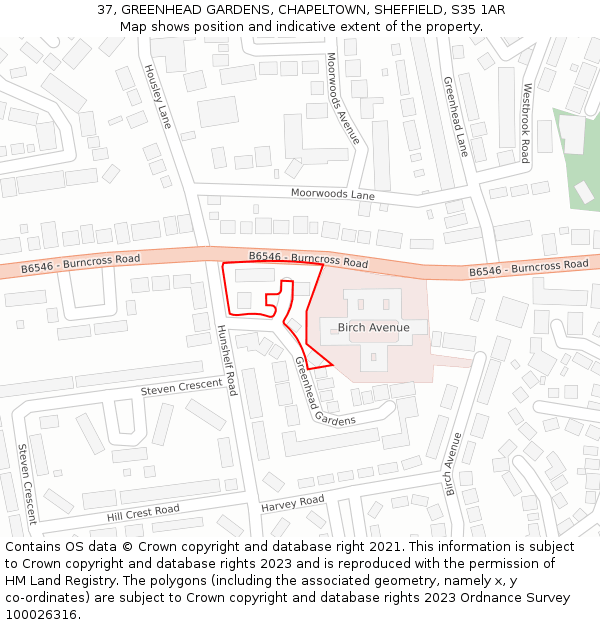 37, GREENHEAD GARDENS, CHAPELTOWN, SHEFFIELD, S35 1AR: Location map and indicative extent of plot