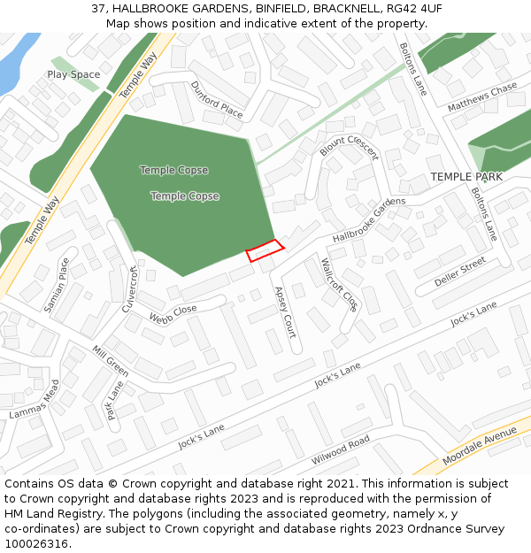 37, HALLBROOKE GARDENS, BINFIELD, BRACKNELL, RG42 4UF: Location map and indicative extent of plot