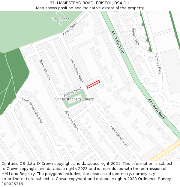 37, HAMPSTEAD ROAD, BRISTOL, BS4 3HL: Location map and indicative extent of plot