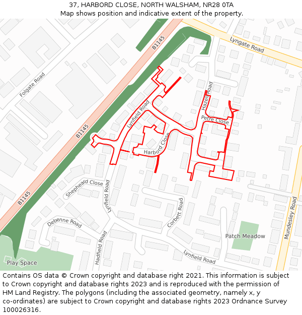 37, HARBORD CLOSE, NORTH WALSHAM, NR28 0TA: Location map and indicative extent of plot