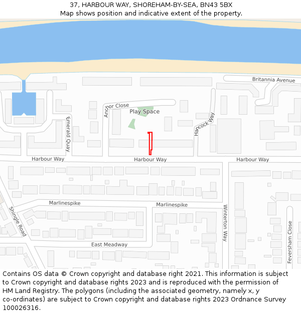 37, HARBOUR WAY, SHOREHAM-BY-SEA, BN43 5BX: Location map and indicative extent of plot