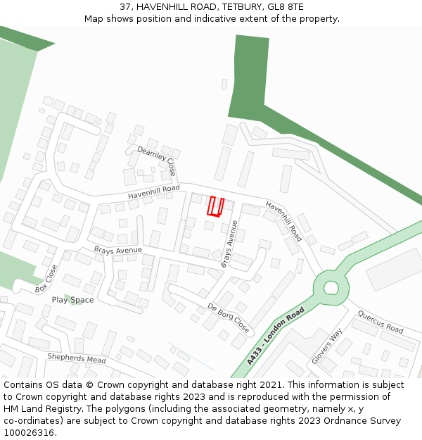 37, HAVENHILL ROAD, TETBURY, GL8 8TE: Location map and indicative extent of plot