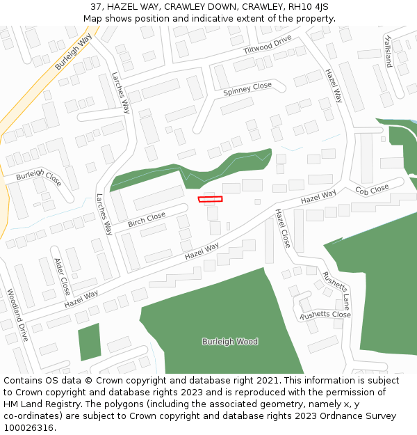 37, HAZEL WAY, CRAWLEY DOWN, CRAWLEY, RH10 4JS: Location map and indicative extent of plot