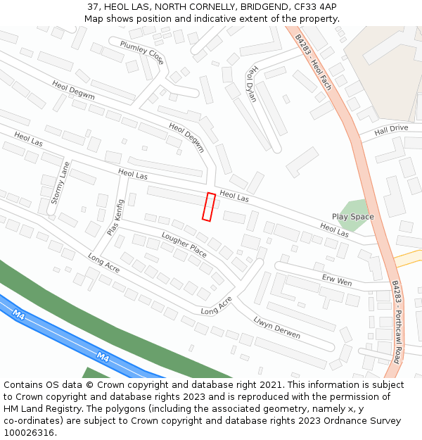37, HEOL LAS, NORTH CORNELLY, BRIDGEND, CF33 4AP: Location map and indicative extent of plot