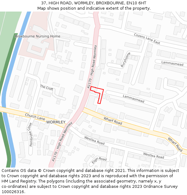 37, HIGH ROAD, WORMLEY, BROXBOURNE, EN10 6HT: Location map and indicative extent of plot