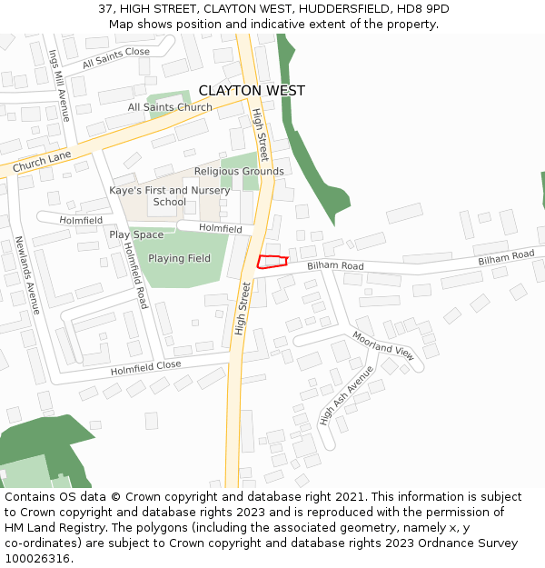 37, HIGH STREET, CLAYTON WEST, HUDDERSFIELD, HD8 9PD: Location map and indicative extent of plot