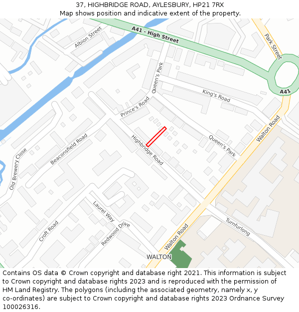 37, HIGHBRIDGE ROAD, AYLESBURY, HP21 7RX: Location map and indicative extent of plot