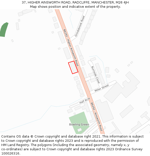 37, HIGHER AINSWORTH ROAD, RADCLIFFE, MANCHESTER, M26 4JH: Location map and indicative extent of plot