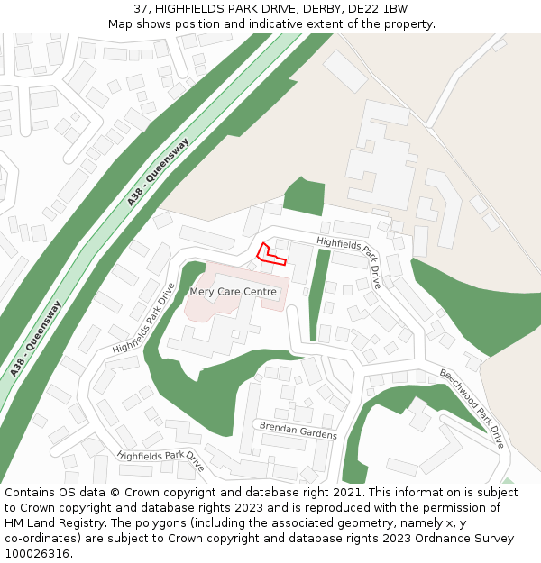37, HIGHFIELDS PARK DRIVE, DERBY, DE22 1BW: Location map and indicative extent of plot