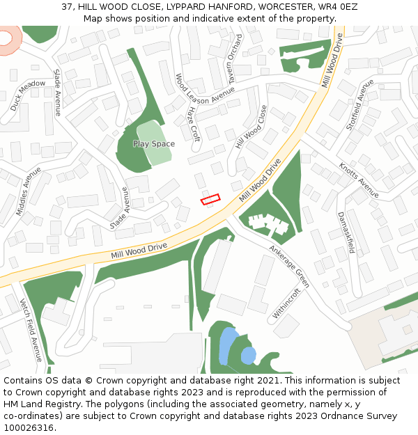 37, HILL WOOD CLOSE, LYPPARD HANFORD, WORCESTER, WR4 0EZ: Location map and indicative extent of plot