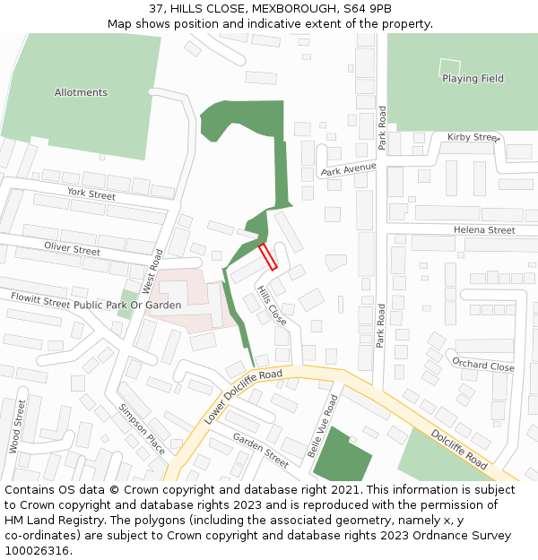 37, HILLS CLOSE, MEXBOROUGH, S64 9PB: Location map and indicative extent of plot