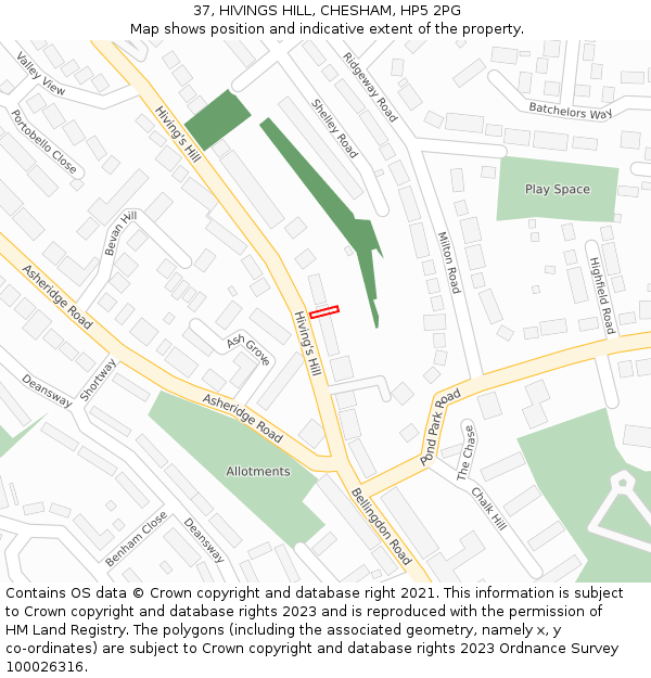 37, HIVINGS HILL, CHESHAM, HP5 2PG: Location map and indicative extent of plot