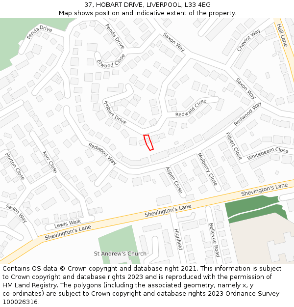 37, HOBART DRIVE, LIVERPOOL, L33 4EG: Location map and indicative extent of plot