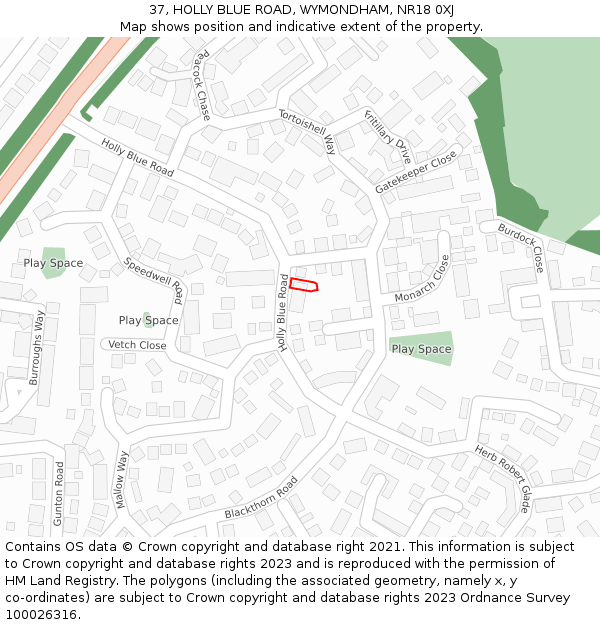 37, HOLLY BLUE ROAD, WYMONDHAM, NR18 0XJ: Location map and indicative extent of plot