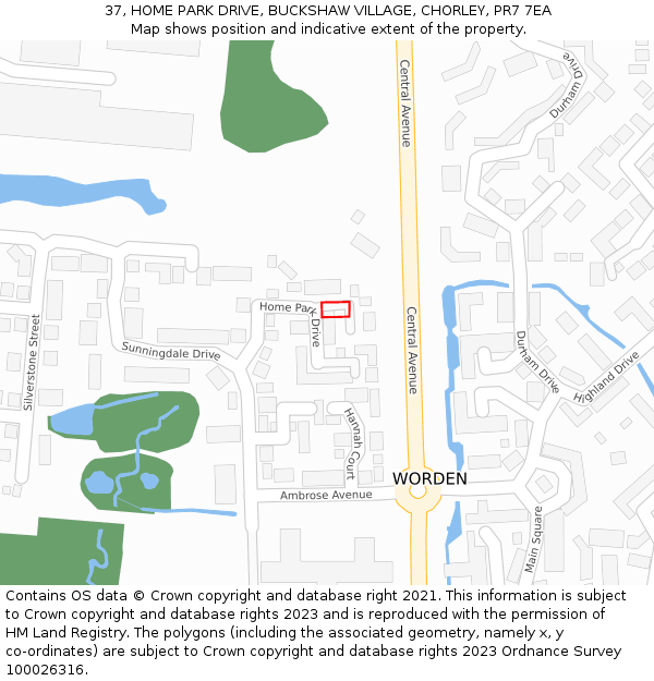 37, HOME PARK DRIVE, BUCKSHAW VILLAGE, CHORLEY, PR7 7EA: Location map and indicative extent of plot