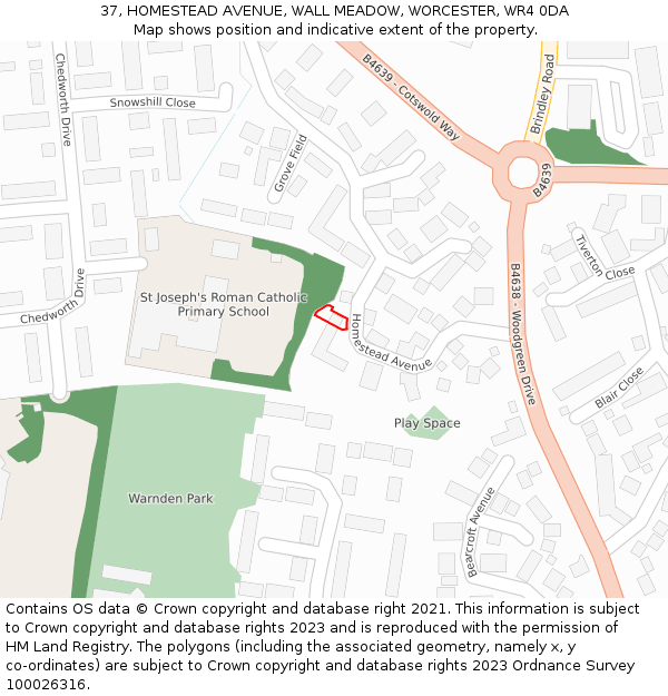 37, HOMESTEAD AVENUE, WALL MEADOW, WORCESTER, WR4 0DA: Location map and indicative extent of plot