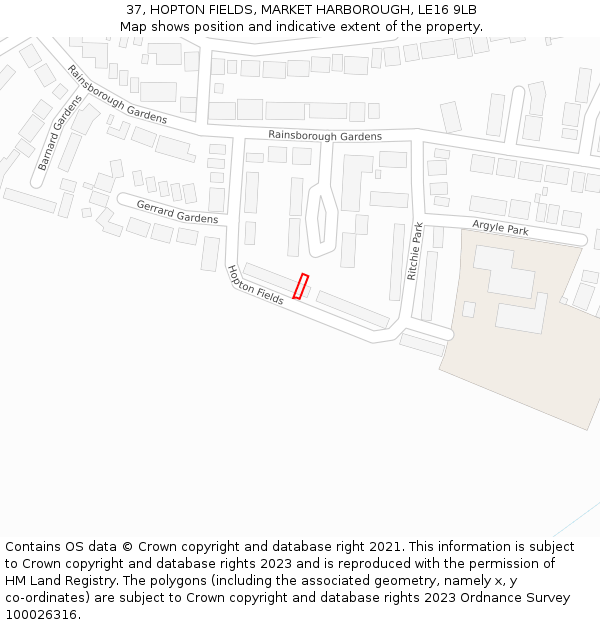 37, HOPTON FIELDS, MARKET HARBOROUGH, LE16 9LB: Location map and indicative extent of plot