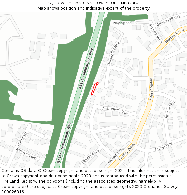 37, HOWLEY GARDENS, LOWESTOFT, NR32 4WF: Location map and indicative extent of plot