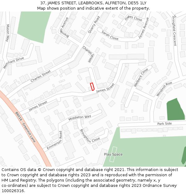 37, JAMES STREET, LEABROOKS, ALFRETON, DE55 1LY: Location map and indicative extent of plot