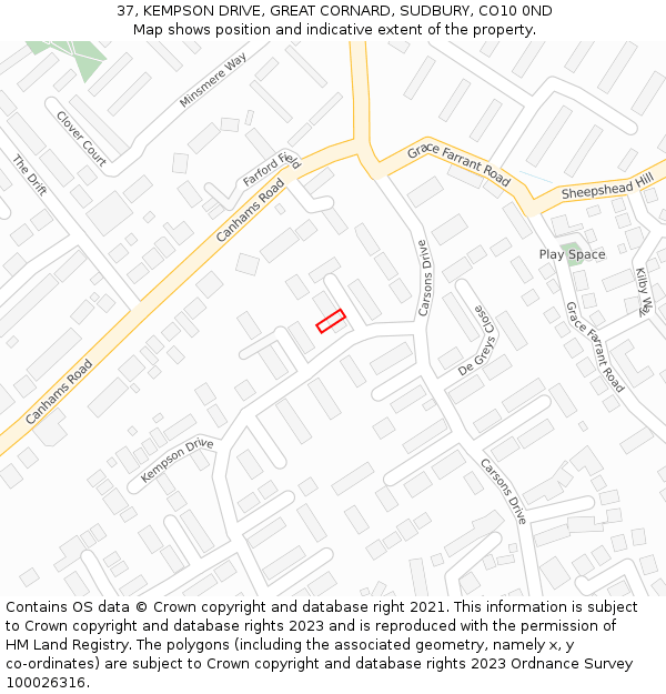 37, KEMPSON DRIVE, GREAT CORNARD, SUDBURY, CO10 0ND: Location map and indicative extent of plot