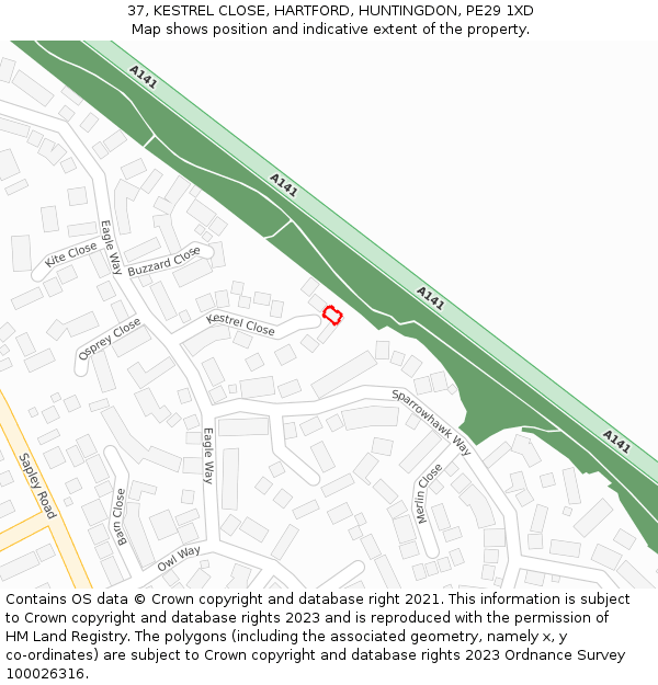 37, KESTREL CLOSE, HARTFORD, HUNTINGDON, PE29 1XD: Location map and indicative extent of plot