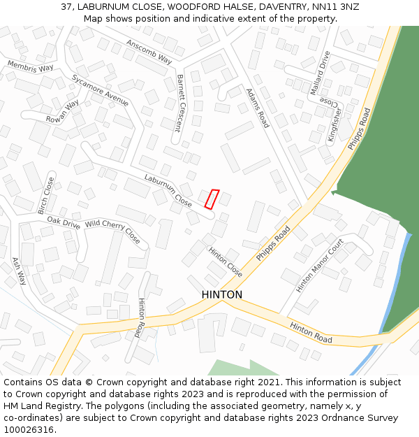 37, LABURNUM CLOSE, WOODFORD HALSE, DAVENTRY, NN11 3NZ: Location map and indicative extent of plot