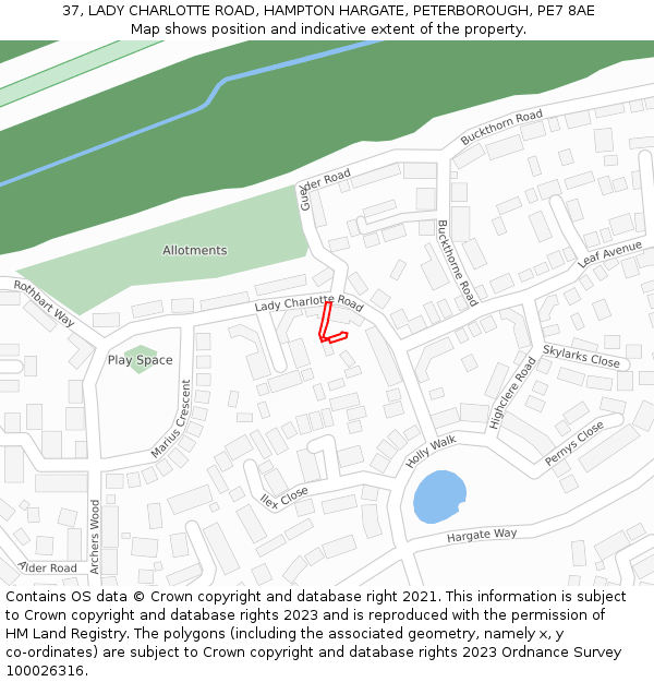 37, LADY CHARLOTTE ROAD, HAMPTON HARGATE, PETERBOROUGH, PE7 8AE: Location map and indicative extent of plot