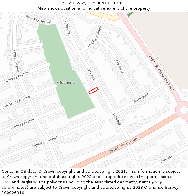 37, LAKEWAY, BLACKPOOL, FY3 8PE: Location map and indicative extent of plot