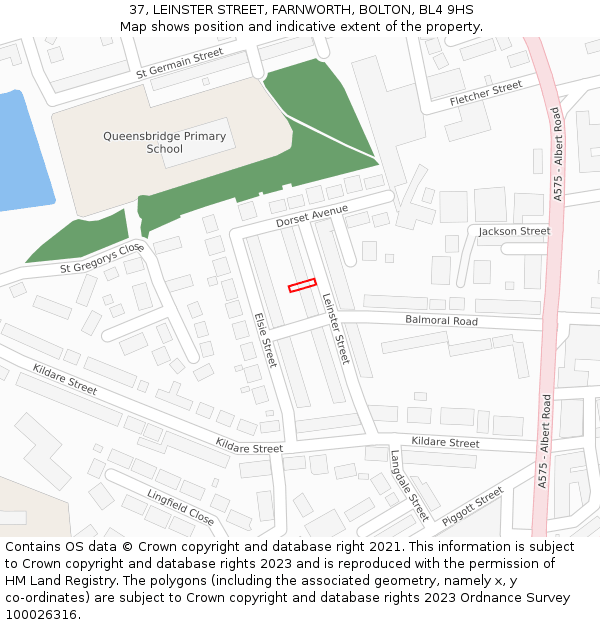 37, LEINSTER STREET, FARNWORTH, BOLTON, BL4 9HS: Location map and indicative extent of plot