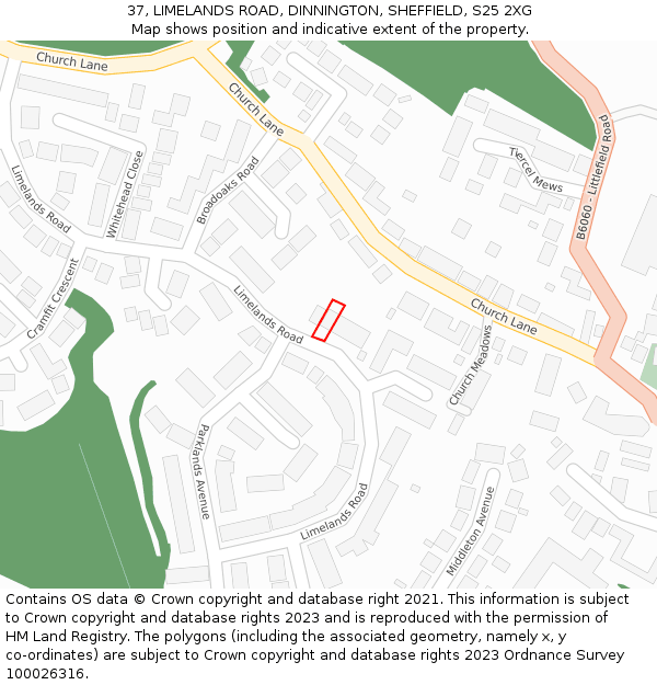 37, LIMELANDS ROAD, DINNINGTON, SHEFFIELD, S25 2XG: Location map and indicative extent of plot
