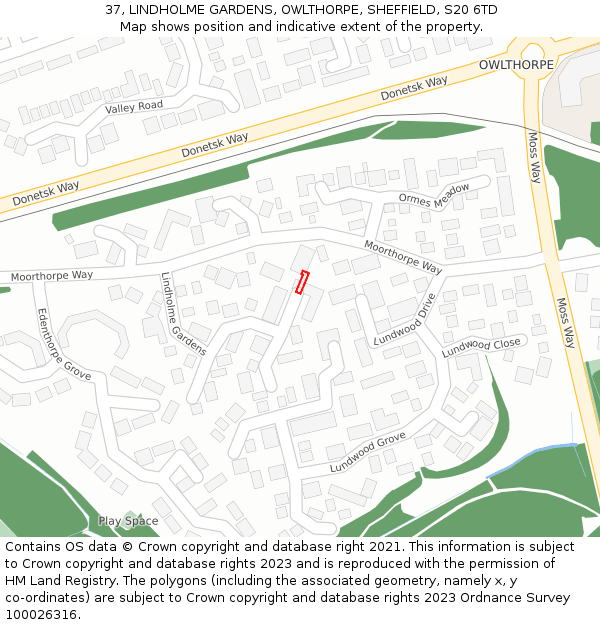 37, LINDHOLME GARDENS, OWLTHORPE, SHEFFIELD, S20 6TD: Location map and indicative extent of plot