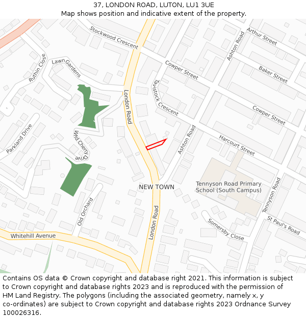 37, LONDON ROAD, LUTON, LU1 3UE: Location map and indicative extent of plot