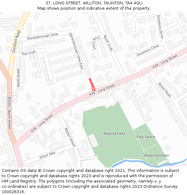 37, LONG STREET, WILLITON, TAUNTON, TA4 4QU: Location map and indicative extent of plot
