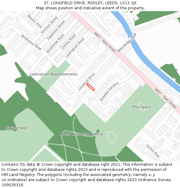 37, LONGFIELD DRIVE, RODLEY, LEEDS, LS13 1JX: Location map and indicative extent of plot