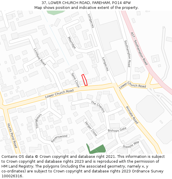 37, LOWER CHURCH ROAD, FAREHAM, PO14 4PW: Location map and indicative extent of plot