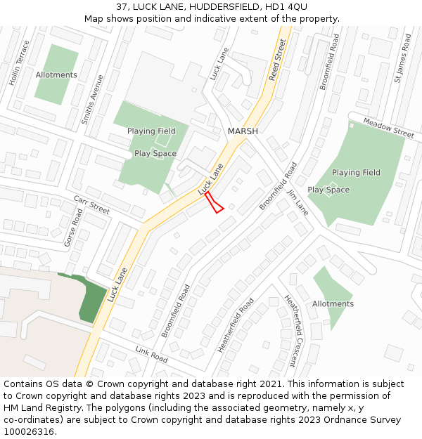 37, LUCK LANE, HUDDERSFIELD, HD1 4QU: Location map and indicative extent of plot