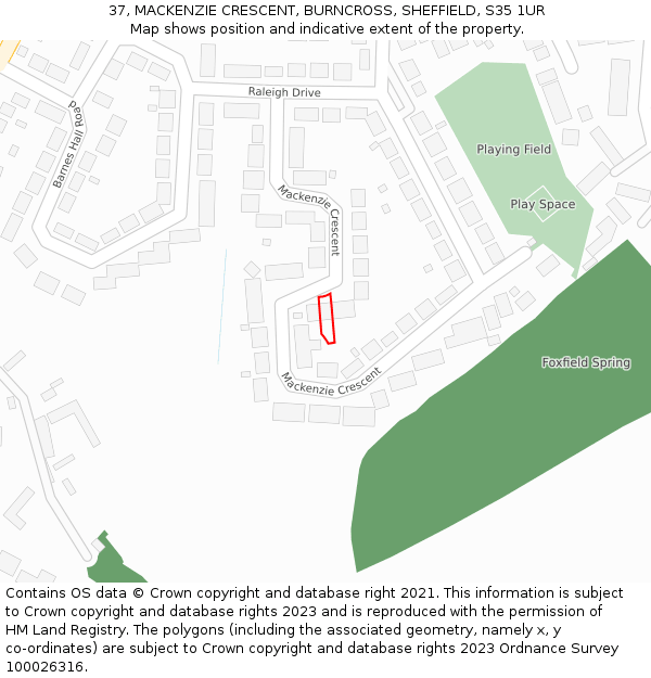 37, MACKENZIE CRESCENT, BURNCROSS, SHEFFIELD, S35 1UR: Location map and indicative extent of plot