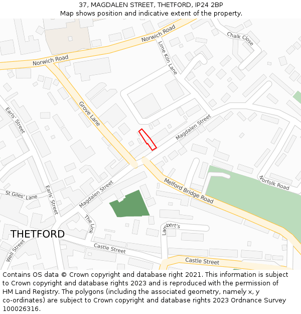 37, MAGDALEN STREET, THETFORD, IP24 2BP: Location map and indicative extent of plot