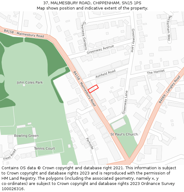 37, MALMESBURY ROAD, CHIPPENHAM, SN15 1PS: Location map and indicative extent of plot
