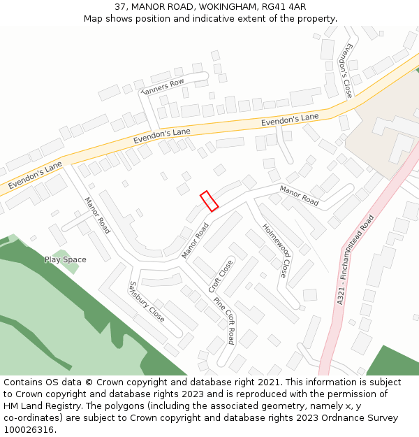 37, MANOR ROAD, WOKINGHAM, RG41 4AR: Location map and indicative extent of plot
