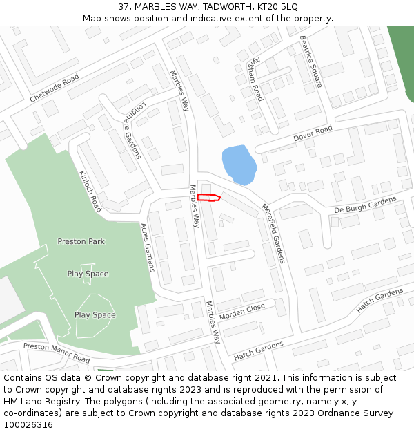 37, MARBLES WAY, TADWORTH, KT20 5LQ: Location map and indicative extent of plot
