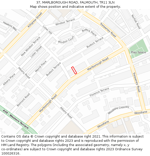 37, MARLBOROUGH ROAD, FALMOUTH, TR11 3LN: Location map and indicative extent of plot